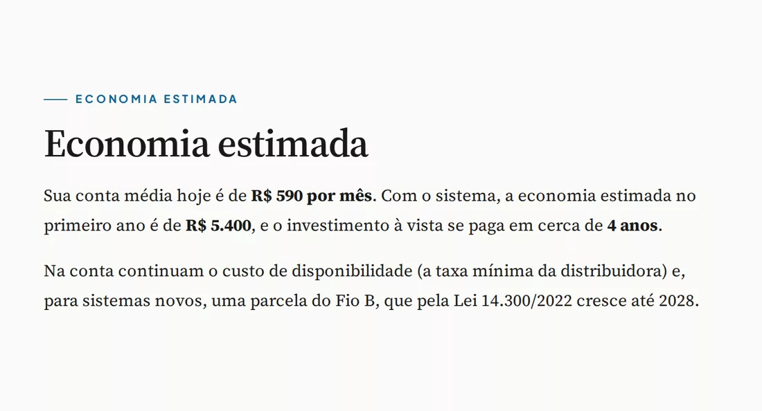Seção de economia estimada da proposta: conta média de R$ 590, economia de R$ 5.400 no primeiro ano e retorno em cerca de 4 anos.