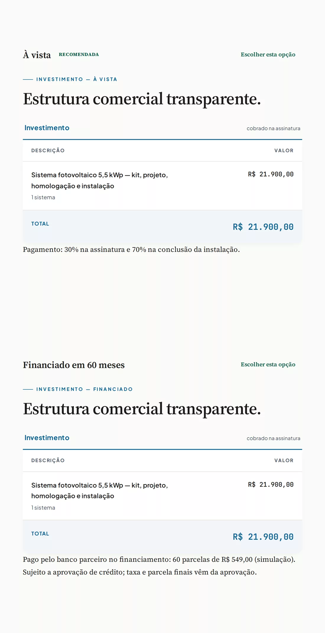 Proposta com duas opções: à vista, R$ 21.900, recomendada; financiado em 60 meses, R$ 21.900 pagos pelo banco, 60 parcelas de R$ 549 em simulação.